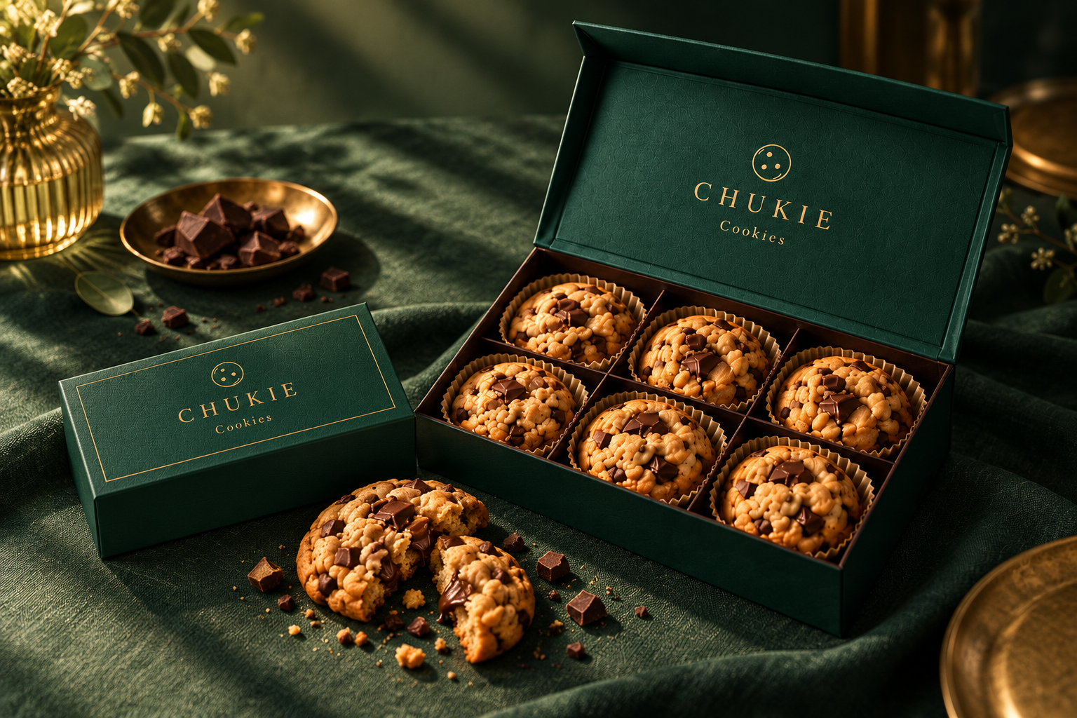 CHUKIE emerald and champagne-gold gift boxes